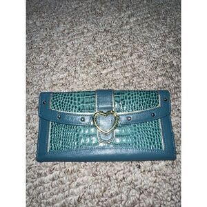 Lovecat Teal Leather  Wallet Faux Croc Embossed Card Slots Large EUC